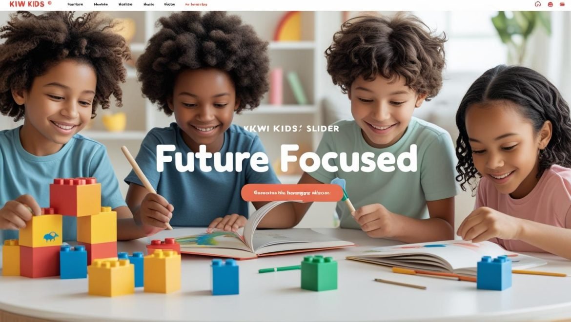 Generate a website homepage slider_For Kiwi kids website__Text on it which should be in center is Future Focused__and add 3 to 4 kids doing different activities